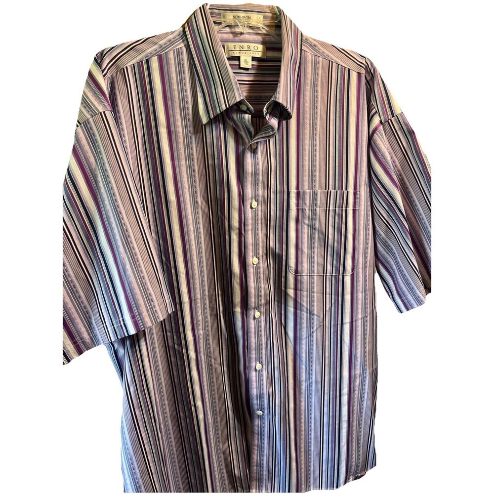 ENRO Vintage Men’s XL Purple Striped Short Sleeve Button Down Cotton Shirt
